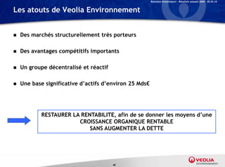 Relations Investisseurs – Résultats annuels 2009 – 05.03.10


Les atouts de Veolia Environnement


   Des marchés structurellement très porteurs

   Des avantages compétitifs importants

   Un groupe décentralisé et réactif

   Une base significative d’actifs d’environ 25 Mds€




            RESTAURER LA RENTABILITE, afin de se donner les moyens d’une
                        CROISSANCE ORGANIQUE RENTABLE
                            SANS AUGMENTER LA DETTE




                                        40
 