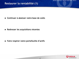 Relations Investisseurs – Résultats annuels 2009 – 05.03.10


Restaurer la rentabilité (1)




   Continuer à abaisser notre base de coûts




   Redresser les acquisitions récentes




   Faire respirer notre portefeuille d’actifs




                                        41
 