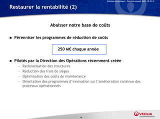 Relations Investisseurs – Résultats annuels 2009 – 05.03.10


Restaurer la rentabilité (2)


                         Abaisser notre base de coûts

   Pérenniser les programmes de réduction de coûts

                              250 M€ chaque année

   Pilotés par la Direction des Opérations récemment créée
     —   Rationalisation des structures
     —   Réduction des frais de sièges
     —   Optimisation des coûts de maintenance
     —   Orientation des programmes d’innovation sur l’amélioration continue des
         processus opérationnels




                                           42
 