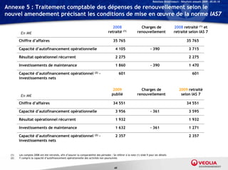 Relations Investisseurs – Résultats annuels 2009 – 05.03.10

Annexe 5 : Traitement comptable des dépenses de renouvellement selon le
nouvel amendement précisant les conditions de mise en œuvre de la norme IAS7

                                                                                          2008                     Charges de                    2008 retraité (1) et
         En M€                                                                         retraité      (1)         renouvellement                  retraité selon IAS 7

        Chiffre d’affaires                                                                  35 765                                                          35 765

        Capacité d’autofinancement opérationnelle                                             4 105                          - 390                            3 715

        Résultat opérationnel récurrent                                                       2 275                                                           2 275

        Investissements de maintenance                                                        1 860                          - 390                            1 470

        Capacité d’autofinancement opérationnel (2) –                                             601                                                            601
        investissements nets


                                                                                           2009                    Charges de                         2009 retraité
         En M€                                                                            publié                 renouvellement                        selon IAS 7

        Chiffre d’affaires                                                                  34 551                                                          34 551

        Capacité d’autofinancement opérationnelle                                             3 956                          - 361                            3 595

        Résultat opérationnel récurrent                                                       1 932                                                           1 932

        Investissements de maintenance                                                        1 632                          - 361                            1 271

        Capacité d’autofinancement opérationnel (2) –                                         2 357                                                           2 357
        investissements nets


  (1)   Les comptes 2008 ont été retraités, afin d’assurer la comparabilité des périodes : Se référer à la note (1) slide 9 pour les détails
  (2)   Y compris la capacité d’autofinancement opérationnelle des activités non poursuivies


                                                                                             60
 
