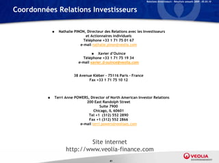 Relations Investisseurs – Résultats annuels 2009 – 05.03.10


Coordonnées Relations Investisseurs

                  Nathalie PINON, Directeur des Relations avec les Investisseurs
                                  et Actionnaires individuels
                                 Téléphone +33 1 71 75 01 67
                               e-mail nathalie.pinon@veolia.com

                                        Xavier d’Ouince
                                Téléphone +33 1 71 75 19 34
                              e-mail xavier.d-ouince@veolia.com


                           38 Avenue Kléber – 75116 Paris - France
                                   Fax +33 1 71 75 10 12



                Terri Anne POWERS, Director of North American Investor Relations
                                  200 East Randolph Street
                                           Suite 7900
                                       Chicago, IL 60601
                                   Tel +1 (312) 552 2890
                                   Fax +1 (312) 552 2866
                               e-mail terri.powers@veoliaes.com




                               Site internet
                       http://www.veolia-finance.com
                                                81
 