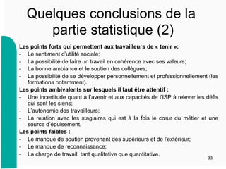 Quelques conclusions de la
partie statistique (2)
Les points forts qui permettent aux travailleurs de « tenir »:
-  Le sentiment d’utilité sociale;
-  La possibilité de faire un travail en cohérence avec ses valeurs;
-  La bonne ambiance et le soutien des collègues;
-  La possibilité de se développer personnellement et professionnellement (les
formations notamment).
Les points ambivalents sur lesquels il faut être attentif :
-  Une incertitude quant à l’avenir et aux capacités de l’ISP à relever les défis
qui sont les siens;
-  L’autonomie des travailleurs;
-  La relation avec les stagiaires qui est à la fois le cœur du métier et une
source d’épuisement.
Les points faibles :
-  Le manque de soutien provenant des supérieurs et de l’extérieur;
-  Le manque de reconnaissance;
-  La charge de travail, tant qualitative que quantitative.
33
 
