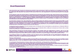 Avertissement

Cette présentation peut comporter des éléments de projection et des commentaires relatifs aux objectifs et à la stratégie du Groupe BPCE.
Par nature, ces projections reposent sur des hypothèses, des considérations relatives à des projets, des objectifs et des attentes en lien avec
des événements, des opérations, des produits et des services futurs et sur des suppositions en termes de performances et de synergies
futures.

Aucune garantie ne peut être donnée quant à la réalisation de ces prévisions qui sont soumises à des risques inhérents, des incertitudes et
des hypothèses relatives au groupe, ses filiales et ses investissements, au développement des activités du groupe, aux tendances du secteur,
aux futurs investissements et acquisitions, à l’évolution de la conjoncture économique, ou à celle relative aux principaux marchés locaux du
groupe, à la concurrence et à la réglementation. La réalisation de ces événements est incertaine, leur issue pourrait se révéler différente de
celle envisagée aujourd’hui, ce qui est susceptible d’affecter significativement les résultats attendus. Les résultats qui sont projetés ou
impliqués dans les prévisions pourraient différer significativement des résultats actuels. Le Groupe BPCE ne s’engage en aucun cas à publier
des modifications ou des actualisations de ces prévisions.

Les informations contenues dans cette présentation, dans la mesure où elles sont relatives à d’autres parties que le Groupe BPCE, ou sont
issues de sources externes, n’ont pas fait l’objet de vérifications indépendantes et aucune déclaration ni aucun engagement ne sont donnés à
leur égard, et aucune certitude ne doit être accordée sur l’exactitude, la sincérité, la précision et l’exhaustivité des informations ou opinions
contenues dans cette présentation. Ni le groupe ni ses représentants ne peuvent voir leur responsabilité engagée pour une quelconque
négligence ou pour tout préjudice pouvant résulter de l’utilisation de cette présentation ou de son contenu ou de tout ce qui leur est relatif ou
de tout document ou information auxquels elle pourrait faire référence.

Les éléments financiers présentés au titre de la période close le 31 décembre 2012 ont été établis en conformité avec le référentiel IFRS, tel
qu’adopté dans l’Union européenne.
Les comptes consolidés du Groupe BPCE au titre de l’exercice clos le 31 décembre 2012, arrêtés par le directoire du 13 février 2013, ont été
vérifiés et contrôlés par le conseil de surveillance du 17 février 2013.

Cette présentation comprend des données financières relatives à des sociétés cotées, qui conformément à l’article L. 451-1-2 du Code
monétaire et financier, publient à titre d’information trimestrielle le montant de leur chiffre d’affaires par branche d’activité. Dès lors, les
données financières trimestrielles relatives auxdites sociétés sont issues d’une estimation réalisée par BPCE. La publication des soldes
intermédiaires de gestion du Groupe BPCE prenant en compte ces estimations ne saurait engager la responsabilité desdites sociétés.

Les procédures d’audit sur les comptes consolidés au titre de l’exercice clos le 31 décembre 2012 ont été substantiellement effectuées. Les
rapports d’audit relatifs à la certification de ces comptes consolidés seront émis après vérification du rapport de gestion et finalisation des
procédures requises pour les besoins du document de référence.

Précisions méthodologiques
L’allocation de fonds propres normatifs aux métiers du Groupe BPCE est désormais réalisée sur la base de 9 % des encours pondérés moyens
contre 7 % en 2011. De plus, la consommation de fonds propres relative aux titrisations qui font l’objet d’une déduction des fonds propres
réglementaires Tier 1 et Tier 2 est affectée aux métiers. Les données sont publiées pro forma de cette nouvelle allocation.

Les participations financières Eurosic et Foncia, cédées en juin et juillet 2011, ont été reclassées en Hors métiers.
La participation du Groupe BPCE dans Volksbank International AG (anciennement affectée au pôle Banque commerciale et Assurance) a été
partiellement cédée le 15 février 2012. Au 31 décembre 2011, les éléments financiers correspondant aux activités en cours de cession ont été
reclassés en Hors métiers et les activités non cédées ont été affectées au pôle Participations financières.
Les impacts résultant des opérations de gestion dynamique du bilan du Crédit Foncier (cessions de titres et rachats de passifs) sont affectés
en Hors métiers à compter du T2-12.
L’information sectorielle du Groupe BPCE a été retraitée en conséquence sur les périodes passées.



                  17 février 2013               Résultats de l’année 2012                                                                           2
 