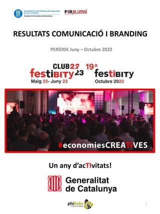 RESULTATS COMUNICACIÓ – Club Festibity 2022-23
PERÍODE Juny – Octubre 2022
1
RESULTATS COMUNICACIÓ I BRANDING
Un any d’acTIvitats!
 
