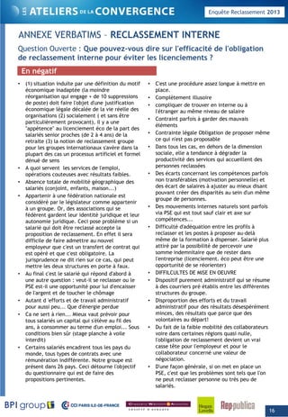 Enquête Reclassement 2013
ANNEXE VERBATIMS – RECLASSEMENT INTERNE
Q ti O t Q di l' ffi ité d l' bli tiQuestion Ouverte : Que pouvez-vous dire sur l'efficacité de l'obligation
de reclassement interne pour éviter les licenciements ?
• (1) situation induite par une définition du motif
économique inadaptée (la moindre
• C'est une procédure assez longue à mettre en
place.
En négatif
q p (
réorganisation qui engage + de 10 suppressions
de poste) doit faire l'objet d'une justification
économique légale décalée de la vie réelle des
organisations (2) socialement ( et sans être
particulièrement provocant), il y a une
"appétence" au licenciement éco de la part des
salariés senior proches (de 2 à 4 ans) de la
p
• Complètement illusoire
• compliquer de trouver en interne ou à
l'étranger au même niveau de salaire
• Contraint parfois à garder des mauvais
éléments
• Contrainte légale Obligation de proposer même
ce qui n'est pas proposableretraite (3) la notion de reclassement groupe
pour les groupes internationaux s'avère dans la
plupart des cas un processus artificiel et formel
dénué de sens
• A quoi servent les services de l'emploi,
opérations couteuses avec résultats faibles.
• Absence totale de mobilité géographique des
ce qui n est pas proposable
• Dans tous les cas, en dehors de la dimension
sociale, elle a tendance à dégrader la
productivité des services qui accueillent des
personnes reclassées
• Des écarts concernant les compétences parfois
non transférables (motivation personnelle) et
des écart de salaires à ajuster au mieux disantsalariés (conjoint, enfants, maison...)
• Appartenir à une fédération nationale est
considéré par le législateur comme appartenir
à un groupe. Or, des associations qui se
fédèrent gardent leur identité juridique et leur
autonomie juridique. Ceci pose problème si un
salarié qui doit être reclassé accepte la
des écart de salaires à ajuster au mieux disant
pouvant créer des disparités au sein d'un même
groupe de personnes.
• Des mouvements internes naturels sont parfois
via PSE qui est tout sauf clair et axe sur
compétences...
• Difficulté d'adéquation entre les profils à
l t l t à d làproposition de reclassement. En effet il sera
difficile de faire admettre au nouvel
employeur que c'est un transfert de contrat qui
est opéré et que c'est obligatoire. La
jurisprudence ne dit rien sur ce cas, qui peut
mettre les deux structures en porte à faux.
• Au final c'est le salarié qui répond d'abord à
reclasser et les postes à proposer au-delà
même de la formation à dispenser. Salarié plus
attiré par la possibilité de percevoir une
somme indemnitaire que de rester dans
l'entreprise (licenciement. éco peut être une
opportunité de se réorienter)
• DIFFILCULTES DE MISE EN OEUVRE
éune autre question : veut-il se reclasser ou le
PSE est-il une opportunité pour lui d'encaisser
de l'argent et de toucher le chômage
• Autant d 'efforts et de travail administratif
pour aussi peu... Que d'énergie perdue
• Ca ne sert à rien... Mieux vaut prévoir pour
tous salariés un capital qui s'élève au fil des
• Dispositif purement administratif qui se résume
à des courriers pré établis entre les différentes
structures du groupe.
• Disproportion des efforts et du travail
administratif pour des résultats désespérément
minces, des résultats que parce que des
volontaires au départ!
ans, à consommer au terme d'un emploi... Sous
conditions bien sûr (stage planche à voile
interdit)
• Certains salariés encadrent tous les pays du
monde, tous types de contrats avec une
rémunération indifférente. Notre groupe est
présent dans 26 pays. Ceci détourne l'objectif
• Du fait de la faible mobilité des collaborateurs
voire dans certaines régions quasi nulle,
l'obligation de reclassement devient un vrai
casse tête pour l'employeur et pour le
collaborateur concerné une valeur de
négociation.
• D'une façon générale, si on met en place un
du questionnaire qui est de faire des
propositions pertinentes.
PSE, c'est que les problèmes sont tels que l'on
ne peut reclasser personne ou très peu de
salariés.
16
 