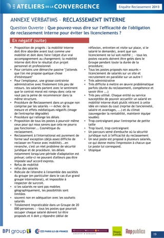 Enquête Reclassement 2013
ANNEXE VERBATIMS – RECLASSEMENT INTERNE
Q ti O t Q di l' ffi ité d l' bli tiQuestion Ouverte : Que pouvez-vous dire sur l'efficacité de l'obligation
de reclassement interne pour éviter les licenciements ?
• Proposition de progrès : la mobilité interne
doit être abordée avant tout comme une
réflexion, entretien et visite sur place, si le
salarié le demande), avant que son
En négatif (suite)
mobilité et doit donc faire l'objet d'un vrai
accompagnement au changement; la mobilité
interne doit être le résultat d'un projet
personnel et professionnel
• Pour certains une démarche passive "j'attends
que l'on me propose quelque chose
d'intéressant"
) q
licenciement ne lui soit notifié ; - tous les
postes vacants doivent être gelés dans le
Groupe pendant toute la durée de la
procédure;
• Tous les postes proposés non assurés =
licenciement de salariés sur un site et
recrutement en parallèle sur un autre !
è• Pour l'employeur, une grosse contrainte
administrative avec finalement très peu de
retours. les salariés partent avec le sentiment
que le contrat moral est rompu donc cela ne
vaut pas la peine de recommencer dans la
même structure.
• Procédure de Reclassement dans un groupe non
comprise par les salariés > échec de la
• Très administrative
• Très difficile à mettre en œuvre problématique
parfois (durée du reclassement, compétence et
savoir être ...)
• Très peu utilisé. Chaque entité ou service
susceptible de pouvoir accueillir un salarié en
mobilité interne était plutôt réticent à cette
idée en raison du cout (reprise de l'anciennetécomprise par les salariés --> échec de la
mesure et effets médiatiques négatifs (image
de l'entreprise dégradée)
• Procédure qui rallonge les délais
• Proposition de tous les postes à pourvoir même
ceux pour qui nous savons que cela ne pourra
pas fonctionner... Cosmétique du
reclassement
idée en raison du cout (reprise de l ancienneté,
salaire et avantages, ...) et du climat
(sauvegarder la rentabilité, maintenir équipe
soudée)
• Trop contraignant pour l'entreprise de petite
taille
• Trop lourd, trop contraignant
• Un parcours semé d'embuche où la sécuritéreclassement.
• Reclassement à l'international est purement de
forme sauf exception (déjà assez difficile de
reclasser en France avec mobilité)...en
revanche, c'est un réel problème de sécurité
juridique et de procédure. les délais
notamment lorsqu'une période d'adaptation est
prévue; celle-ci ne pouvant d'ailleurs pas être
Un parcours semé d embuche où la sécurité
juridique nuit à l'efficacité du reclassement
• Un seul poste est proposé à plusieurs salariés,
ce qui donne moins l'impression à chacun que
Le poste lui correspond.
• Utopique
p ; p p
imposée sauf accord express.
• Refus de mobilité
• refus des salariés
• Ridicule de l'étendre à l'ensemble des sociétés
du groupe (en particulier dans le cas d'un grand
groupe international), et impossible à
respecter de surcroit.
• si les salariés ne sont pas mobiles
géographiquement, les possibilités sont
limitées
• souvent non en adéquation avec les souhaits
salariés
• Totalement impraticable dans un Groupe de 20
000 personnes : - tous les postes que pourrait
h l ié d i t l i êtoccuper chaque salarié doivent lui être
proposés et il doit y répondre (délai de
19
 
