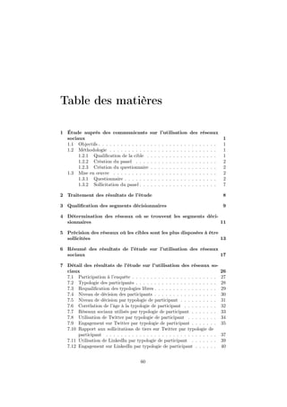 Table des matières
1 Étude auprès des communicants sur l’utilisation des réseaux
sociaux 1
1.1 Objectifs . . . . . . . . . . . . . . . . . . . . . . . . . . . . . . . . 1
1.2 Méthodologie . . . . . . . . . . . . . . . . . . . . . . . . . . . . . 1
1.2.1 Qualiﬁcation de la cible . . . . . . . . . . . . . . . . . . . 1
1.2.2 Création du panel . . . . . . . . . . . . . . . . . . . . . . 2
1.2.3 Création du questionnaire . . . . . . . . . . . . . . . . . . 2
1.3 Mise en œuvre . . . . . . . . . . . . . . . . . . . . . . . . . . . . 2
1.3.1 Questionnaire . . . . . . . . . . . . . . . . . . . . . . . . . 2
1.3.2 Sollicitation du panel . . . . . . . . . . . . . . . . . . . . . 7
2 Traitement des résultats de l’étude 8
3 Qualiﬁcation des segments décisionnaires 9
4 Détermination des réseaux où se trouvent les segments déci-
sionnaires 11
5 Précision des réseaux où les cibles sont les plus disposées à être
sollicitées 13
6 Résumé des résultats de l’étude sur l’utilisation des réseaux
sociaux 17
7 Détail des résultats de l’étude sur l’utilisation des réseaux so-
ciaux 26
7.1 Participation à l’enquête . . . . . . . . . . . . . . . . . . . . . . . 27
7.2 Typologie des participants . . . . . . . . . . . . . . . . . . . . . . 28
7.3 Requaliﬁcation des typologies libres . . . . . . . . . . . . . . . . . 29
7.4 Niveau de décision des participants . . . . . . . . . . . . . . . . . 30
7.5 Niveau de décision par typologie de participant . . . . . . . . . . 31
7.6 Corrélation de l’âge à la typologie de participant . . . . . . . . . 32
7.7 Réseaux sociaux utilisés par typologie de participant . . . . . . . 33
7.8 Utilisation de Twitter par typologie de participant . . . . . . . . 34
7.9 Engagement sur Twitter par typologie de participant . . . . . . . 35
7.10 Rapport aux sollicitations de tiers sur Twitter par typologie de
participant . . . . . . . . . . . . . . . . . . . . . . . . . . . . . . 37
7.11 Utilisation de LinkedIn par typologie de participant . . . . . . . 39
7.12 Engagement sur LinkedIn par typologie de participant . . . . . . 40
60
 