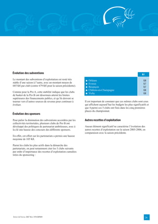 Évolution des subventions                                                                                               K€
Le montant des subventions d’exploitation est resté très        ■   Orléans                                              0,8
stable d’une saison à l’autre, avec un montant moyen de         ■   Evreux                                               0,7
685 K€ par club (contre 679 K€ pour la saison précédente).      ■   Besançon                                             0,7
                                                                ■   Châlons-en-Champagne                                 0,6
Comme pour la Pro A, cette stabilité indique que les clubs      ■   Vichy                                                0,6
de basket de la Pro B ont désormais atteint les limites
supérieures des financements publics, et qu’ils doivent se
tourner vers d’autres sources de revenus pour continuer à       Il est important de constater que ces mêmes clubs sont ceux
évoluer.                                                        qui affichent aujourd’hui les budgets les plus significatifs et
                                                                que 4 parmi ces 5 clubs ont finis dans les cinq premières
                                                                places du championnat.
Évolution des sponsors
Pour palier la diminution des subventions accordées par les     Autres recettes d’exploitation
collectivités territoriales, plusieurs clubs de Pro B ont
développé des politiques de partenariat ambitieuses, avec à     Aucun élément significatif ne caractérise l’évolution des
la clé une hausse des concours des différents sponsors.         autres recettes d’exploitation sur la saison 2005-2006, en
                                                                comparaison avec la saison précédente.
En effet, cet effort sur les partenariats a permis une hausse
moyenne de 105 K€.

Parmi les clubs les plus actifs dans la démarche des
partenariats, on peut notamment citer les 5 clubs suivants
par ordre d’importance des recettes d’exploitation cumulées
tirées du sponsoring :




ERNST & YOUNG 2007 REF. 0701BP009                                                                                            26
 