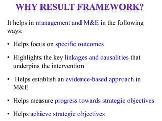 It helps in management and M&E in the following
ways:
• Helps focus on specific outcomes
• Highlights the key linkages and causalities that
underpins the intervention
• Helps establish an evidence-based approach in
M&E
• Helps measure progress towards strategic objectives
• Helps achieve strategic objectives
 