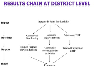 Inputs
Outputs
Outcomes
Impact
Resources
Trained Farmers
on Goat Raising
Commercial
Goat Raising
Increase in Farm Productivity
Access to
Improved Breeds
Adoption of GHP
Trained Farmers on
GHP
Community
breeding centers
established
 