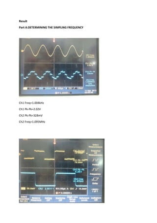 Result
Part A:DETERMINING THE SIMPLING FREQUENCY

Ch1 Freq=1.004kHz
Ch1 Pk-Pk=2.02V
Ch2 Pk-Pk=328mV
Ch2 Freq=1.095MHz

 