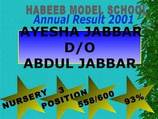 HABEEB MODEL SCHOOL Annual Result 2001 NURSERY 3 POSITION 558/600 93% AYESHA JABBAR D/O ABDUL JABBAR 