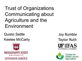 Trust of Organizations
Communicating about
Agriculture and the
Environment
Quisto Settle
Keelee McCarty
Joy Rumble
Taylor Ruth
 