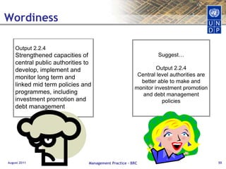 Results ChainAugust 2011Management Practice - BRC36Positive and negative, primary and secondarylong-term effects produced by adevelopment intervention, directly or indirectly,intended or unintended.Impact:Human ChangeOutcome: The likely or achieved short-term andmedium-term effects of an intervention’soutputs. Institutional & Behavioural ChangeOutputs:Tangible products and services which result from the completion of activities within a development intervention. Products & ServicesSkills & Abilities