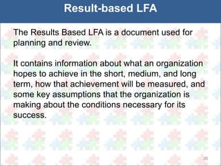 20 
Result-based LFA 
The Results Based LFA is a document used for 
planning and review. 
It contains information about what an organization 
hopes to achieve in the short, medium, and long 
term, how that achievement will be measured, and 
some key assumptions that the organization is 
making about the conditions necessary for its 
success. 
 