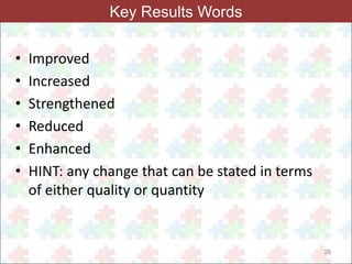 25 
Key Results Words 
• Improved 
• Increased 
• Strengthened 
• Reduced 
• Enhanced 
• HINT: any change that can be stated in terms 
of either quality or quantity 
 