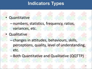 36 
Indicators Types 
• Quantitative 
–numbers, statistics, frequency, ratios, 
variances, etc. 
• Qualitative 
– changes in attitudes, behaviours, skills, 
perceptions, quality, level of understanding, 
etc. 
– Both Quantitative and Qualitative (QQTTP) 
 