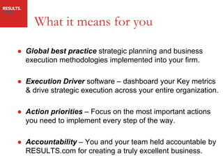 What it means for you

● Global best practice strategic planning and business
  execution methodologies implemented into your firm.

● Execution Driver software – dashboard your Key metrics
  & drive strategic execution across your entire organization.

● Action priorities – Focus on the most important actions
  you need to implement every step of the way.

● Accountability – You and your team held accountable by
  RESULTS.com for creating a truly excellent business.
 