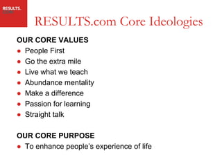 RESULTS.com Core Ideologies
OUR CORE VALUES
● People First
● Go the extra mile
● Live what we teach
● Abundance mentality
● Make a difference
● Passion for learning
● Straight talk

OUR CORE PURPOSE
● To enhance people‟s experience of life
 