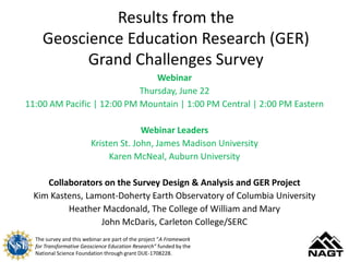 Results from the
Geoscience Education Research (GER)
Grand Challenges Survey
Webinar
Thursday, June 22
11:00 AM Pacific | 12:00 PM Mountain | 1:00 PM Central | 2:00 PM Eastern
Webinar Leaders
Kristen St. John, James Madison University
Karen McNeal, Auburn University
Collaborators on the Survey Design & Analysis and GER Project
Kim Kastens, Lamont-Doherty Earth Observatory of Columbia University
Heather Macdonald, The College of William and Mary
John McDaris, Carleton College/SERC
The survey and this webinar are part of the project “A Framework
for Transformative Geoscience Education Research” funded by the
National Science Foundation through grant DUE-1708228.
 