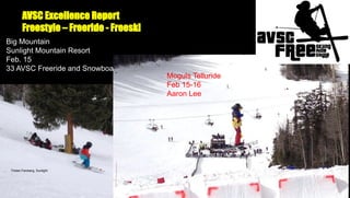 AVSC Excellence Report
Freestyle – Freeride - Freeski
Big Mountain
Sunlight Mountain Resort
Feb. 15
33 AVSC Freeride and Snowboard Athletes

Tristan Feinberg, Sunlight

Moguls Telluride
Feb 15-16
Aaron Lee

 