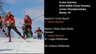Cross Country
2014 USSA Cross Country
Junior Championships
Stowe, Vt.
March 5 1.4 km Sprint
2. Hailey Swirbul
March 7 Mass Start Skate
Women
1. Hailey Swirbul
41. Logan McNamee
48. Hudson McNamee
 