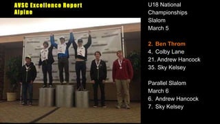 AVSC Excellence Report
Alpine
U18 National
Championships
Slalom
March 5
2. Ben Throm
4. Colby Lane
21. Andrew Hancock
35. Sky Kelsey
Parallel Slalom
March 6
6. Andrew Hancock
7. Sky Kelsey
 