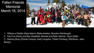 Event Schedule
Fallen Friends
Memorial
March 16, 2014
1. Without a Paddle (Wyle Adams, Blake Axelson, Brandon Rohrbaugh)
2. Fab Five (Packy and Ben Westfeldt, Michael and Peter Olenick,, Ryan Odell)
3. Delivery Boys (Charlie Campisi, Axel Livingston, Tristan Feinberg, Will Brown, Jake
Bozza)
 