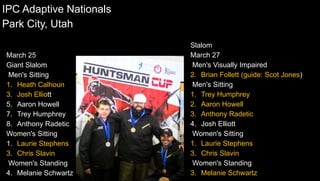 IPC Adaptive Nationals
Park City, Utah
March 25
Giant Slalom
Men's Sitting
1. Heath Calhoun
3. Josh Elliott
5. Aaron Howell
7. Trey Humphrey
8. Anthony Radetic
Women's Sitting
1. Laurie Stephens
3. Chris Slavin
Women's Standing
4. Melanie Schwartz
Slalom
March 27
Men's Visually Impaired
2. Brian Follett (guide: Scot Jones)
Men's Sitting
1. Trey Humphrey
2. Aaron Howell
3. Anthony Radetic
4. Josh Elliott
Women's Sitting
1. Laurie Stephens
3. Chris Slavin
Women's Standing
3. Melanie Schwartz
 