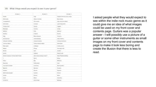 I asked people what they would expect to
see within the indie rock music genre as it
could give me an idea of what images
could be used on my front cover and
contents page. Guitars was a popular
answer – I will possibly use a picture of a
guitar or some other instruments as small
images on my front cover and contents
page to make it look less boring and
create the illusion that there is less to
read.
 