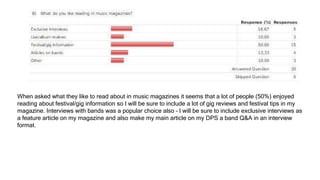 When asked what they like to read about in music magazines it seems that a lot of people (50%) enjoyed
reading about festival/gig information so I will be sure to include a lot of gig reviews and festival tips in my
magazine. Interviews with bands was a popular choice also – I will be sure to include exclusive interviews as
a feature article on my magazine and also make my main article on my DPS a band Q&A in an interview
format.
 