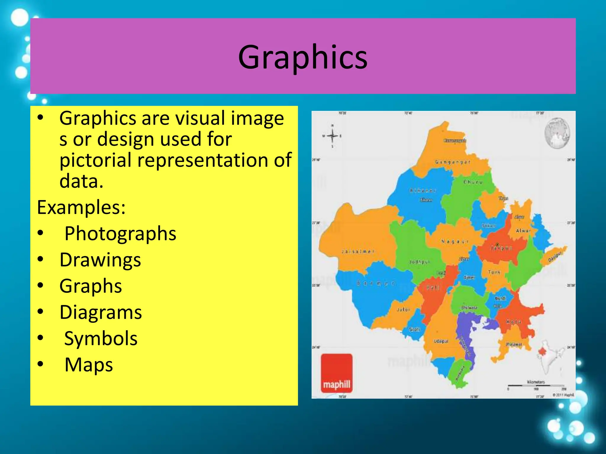 Graphics
• Graphics are visual image
s or design used for
pictorial representation of
data.
Examples:
• Photographs
• Drawings
• Graphs
• Diagrams
• Symbols
• Maps
 
