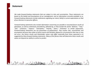 Statement


 We make forward-looking statements that are subject to risks and uncertainties. These statements are
 based on the beliefs and assumptions of our management, and on information currently available to us.
 Forward-looking statements include statements regarding our intent, belief or current expectations or that
 of our directors or executive officers.

 Forward-looking statements also include information concerning our possible or assumed future results of
 operations, as well as statements preceded by, followed by, or that include the words ''believes,'' ''may,''
 ''will,'' ''continues,'' ''expects,'‘ ''anticipates,'' ''intends,'' ''plans,'' ''estimates'' or similar expressions.
 Forward-looking statements are not guarantees of performance. They involve risks, uncertainties and
 assumptions because they relate to future events and therefore depend on circumstances that may or may
 not occur. Our future results and shareholder values may differ materially from those expressed in or
 suggested by these forward-looking statements. Many of the factors that will determine these results and
 values are beyond our ability to control or predict.




                                                                                                                        21
 