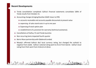 Recent Developments

    Tenda consolidation completed: Gafisa’s financial statements consolidate 100% of
    Tenda results from October 21.
    Accounting changes bringing Brazilian GAAP closer to IFRS
        accounts receivable and accounts payable discounted at present value
        expensing of sales stand costs in up to one year
        Expensing of stock option plan
        establishment of a provision for warranty (technical assistance).
    Cancellations of Gafisa, Fit and Tenda launches
    Non-recurring items impacted fourth quarter
    Bairro Novo partnership with Odebrecht ended
    Moody's affirmed Gafisa's Ba2 local currency rating, but changed the outlook to
    negative from stable. Gafisa's national rating went to A1.br from Aa3.br. Gafisa’s local
    rating from Fitch went from A (bra) to A-(bra).




                                                                                               5
 