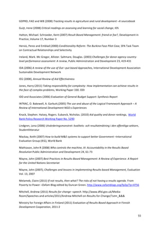 55 
GDPRD, 
FAO 
and 
WB 
(2008) 
Tracking 
results 
in 
agriculture 
and 
rural 
development 
–A 
sourcebook 
Guijt, 
Irene 
(2008) 
Critical 
readings 
on 
assessing 
and 
learning 
for 
social 
change, 
IDS 
Hatton, 
Michael. 
Schroeder, 
Kent 
(2007) 
Result 
Based 
Management: 
friend 
or 
foe?, 
Development 
in 
Practice, 
Volume 
17, 
Number 
3 
Hervio, 
Perez 
and 
Emblad 
(2000) 
Conditionality 
Reform: 
The 
Burkina 
Faso 
Pilot 
Case, 
SPA 
Task 
Team 
on 
Contractual 
Relationships 
and 
Selectivity 
Ireland, 
Mark. 
Mc 
Gregor, 
Allister. 
Saltmare, 
Douglas. 
(2003) 
Challenges 
for 
donor 
agency 
country-­‐ 
level 
performance 
assessment: 
A 
review, 
Public 
Administration 
and 
Development 
23, 
419-­‐431 
IDA 
(2006) 
A 
review 
of 
the 
use 
of 
Out 
–put 
based 
Approaches, 
International 
Development 
Association 
Sustainable 
Development 
Network 
IEG 
(2008), 
Annual 
Review 
of 
Aid 
Effectiveness 
Jones, 
Harry 
(2011) 
Taking 
responsibility 
for 
complexity-­‐ 
How 
implementation 
can 
achieve 
results 
in 
the 
face 
of 
complex 
problems, 
Working 
Paper 
330. 
ODI 
IDD 
and 
Associates 
(2006) 
Evaluation 
of 
General 
Budget 
Support: 
Synthesis 
Report 
INTRAC, 
O. 
Bakewell, 
A. 
Garbutt,(2005) 
The 
use 
and 
abuse 
of 
the 
Logical 
Framework 
Approach 
– 
A 
Review 
of 
International 
Development 
NGO:s 
Experiences 
Knack, 
Stephen. 
Halsey, 
Rogers. 
Eubanck, 
Nicholas. 
(2010) 
Aid 
quality 
and 
donor 
rankings, 
World 
Bank 
Policy 
Research 
Working 
Paper 
No. 
5290 
Lindgren, 
Lena 
(2006) 
Utvärderingsmonstret: 
kvalitets-­‐ 
och 
resultatmätning 
i 
den 
offentliga 
sektorn, 
Studentlitteratur 
Mackay, 
Keith 
(2007) 
How 
to 
build 
M&E 
systems 
to 
support 
better 
Government 
–International 
Evaluation 
Group 
(IEG), 
World 
Bank 
Mathiason, 
John 
R 
(2008) 
Who 
controls 
the 
machine, 
III: 
Accountability 
in 
the 
Results 
Based 
Revolution 
Public 
Administration 
and 
Development 
24, 
61-­‐73 
Mayne, 
John 
(2007) 
Best 
Practices 
in 
Results-­‐Based 
Management: 
A 
Review 
of 
Experience. 
A 
Report 
for 
the 
United 
Nations 
Secretariat 
Mayne, 
John 
(2007); 
Challenges 
and 
lessons 
in 
implementing 
Results-­‐based 
Management, 
Evaluation 
Vol. 
13, 
2007 
Melameb, 
Claire 
(2011) 
If 
not 
results, 
then 
what? 
The 
risks 
of 
not 
having 
a 
results 
agenda. 
From 
Poverty 
to 
Power 
–Oxfam 
Blog 
edited 
by 
Duncan 
Green. 
http://www.oxfamblogs.org/fp2p/?p=4756 
Mitchell, 
Andrew 
(2011) 
Results 
for 
change 
–speech. 
http://www.dfid.gov.uk/Media-­‐ 
Room/Speeches-­‐and-­‐articles/2011/Andrew-­‐Mitchell-­‐on-­‐Results-­‐for-­‐Change/?utm_&&& 
Ministry 
for 
Foreign 
Affairs 
in 
Finland 
(2011) 
Evaluation 
of 
Results 
Based 
Approach 
in 
Finnish 
Development 
Cooperation, 
2011:2 
 