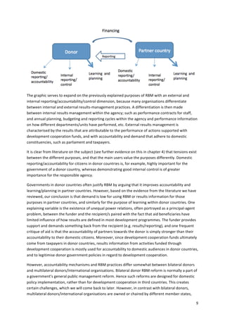 The 
graphic 
serves 
to 
expand 
on 
the 
previously 
explained 
purposes 
of 
RBM 
with 
an 
external 
and 
internal 
reporting/accountability/control 
dimension, 
because 
many 
organisations 
differentiate 
between 
internal 
and 
external 
results-­‐management 
practices. 
A 
differentiation 
is 
then 
made 
between 
internal 
results 
management 
within 
the 
agency; 
such 
as 
performance 
contracts 
for 
staff, 
and 
annual 
planning, 
budgeting 
and 
reporting 
cycles 
within 
the 
agency 
and 
performance 
information 
on 
how 
different 
departments/units 
have 
performed, 
etc. 
External 
results 
management 
is 
characterised 
by 
the 
results 
that 
are 
attributable 
to 
the 
performance 
of 
actions 
supported 
with 
development 
cooperation 
funds, 
and 
with 
accountability 
and 
demand 
that 
adhere 
to 
domestic 
constituencies, 
such 
as 
parliament 
and 
taxpayers. 
It 
is 
clear 
from 
literature 
on 
the 
subject 
(see 
further 
evidence 
on 
this 
in 
chapter 
4) 
that 
tensions 
exist 
between 
the 
different 
purposes, 
and 
that 
the 
main 
users 
value 
the 
purposes 
differently. 
Domestic 
reporting/accountability 
for 
citizens 
in 
donor 
countries 
is, 
for 
example, 
highly 
important 
for 
the 
government 
of 
a 
donor 
country, 
whereas 
demonstrating 
good 
internal 
control 
is 
of 
greater 
importance 
for 
the 
responsible 
agency. 
Governments 
in 
donor 
countries 
often 
justify 
RBM 
by 
arguing 
that 
it 
improves 
accountability 
and 
learning/planning 
in 
partner 
countries. 
However, 
based 
on 
the 
evidence 
from 
the 
literature 
we 
have 
reviewed, 
our 
conclusion 
is 
that 
demand 
is 
low 
for 
using 
RBM 
or 
results 
information 
for 
those 
purposes 
in 
partner 
countries, 
and 
similarly 
for 
the 
purpose 
of 
learning 
within 
donor 
countries. 
One 
explaining 
variable 
is 
the 
existence 
of 
unequal 
power 
relations, 
often 
portrayed 
as 
a 
principal-­‐agent 
problem, 
between 
the 
funder 
and 
the 
recipient/s 
paired 
with 
the 
fact 
that 
aid 
beneficiaries 
have 
limited 
influence 
of 
how 
results 
are 
defined 
in 
most 
development 
programmes. 
The 
funder 
provides 
support 
and 
demands 
something 
back 
from 
the 
recipient 
(e.g. 
results/reporting), 
and 
one 
frequent 
critique 
of 
aid 
is 
that 
the 
accountability 
of 
partners 
towards 
the 
donor 
is 
simply 
stronger 
than 
their 
accountability 
to 
their 
domestic 
citizens. 
Moreover, 
since 
development 
cooperation 
funds 
ultimately 
come 
from 
taxpayers 
in 
donor 
countries, 
results 
information 
from 
activities 
funded 
through 
development 
cooperation 
is 
mostly 
used 
for 
accountability 
to 
domestic 
audiences 
in 
donor 
countries, 
and 
to 
legitimise 
donor 
government 
policies 
in 
regard 
to 
development 
cooperation. 
However, 
accountability 
mechanisms 
and 
RBM 
practices 
differ 
somewhat 
between 
bilateral 
donors 
and 
multilateral 
donors/international 
organisations. 
Bilateral 
donor 
RBM 
reform 
is 
normally 
a 
part 
of 
a 
government’s 
general 
public 
management 
reform. 
Hence 
such 
reforms 
are 
designed 
for 
domestic 
policy 
implementation, 
rather 
than 
for 
development 
cooperation 
in 
third 
countries. 
This 
creates 
certain 
challenges, 
which 
we 
will 
come 
back 
to 
later. 
However, 
in 
contrast 
with 
bilateral 
donors, 
multilateral 
donors/international 
organisations 
are 
owned 
or 
chaired 
by 
different 
member 
states, 
9 
 