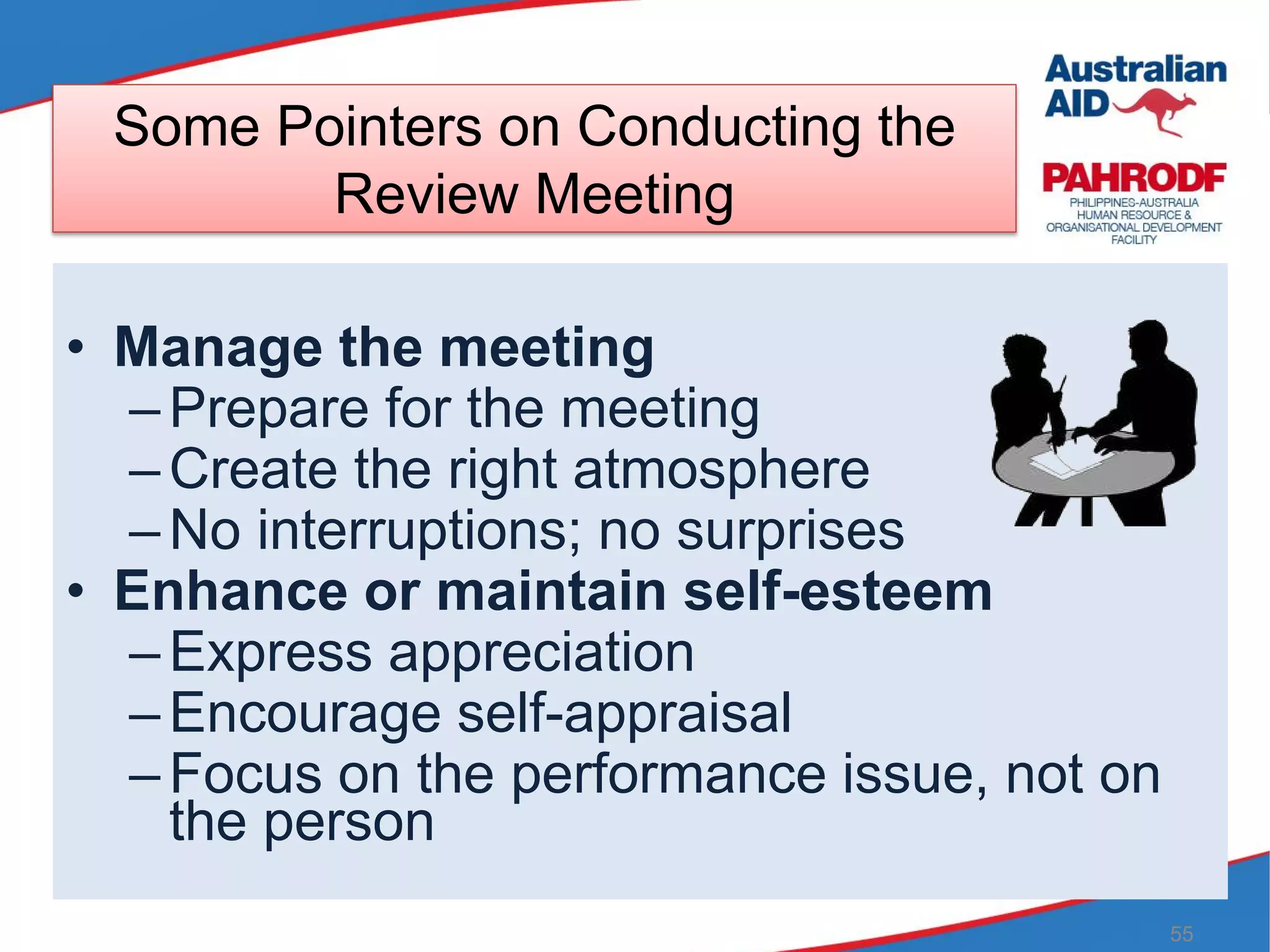 55
Some Pointers on Conducting the
Review Meeting
• Manage the meeting
–Prepare for the meeting
–Create the right atmosphere
–No interruptions; no surprises
• Enhance or maintain self-esteem
–Express appreciation
–Encourage self-appraisal
–Focus on the performance issue, not on
the person
 