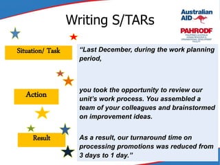 Writing S/TARs
42
“Last December, during the work planning
period,
you took the opportunity to review our
unit’s work process. You assembled a
team of your colleagues and brainstormed
on improvement ideas.
As a result, our turnaround time on
processing promotions was reduced from
3 days to 1 day.”
Situation/ Task
Action
Result
 