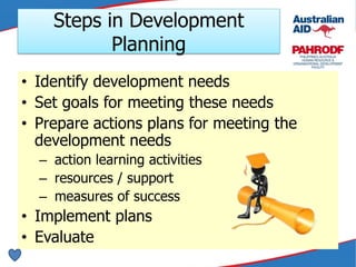 Steps in Development
Planning
• Identify development needs
• Set goals for meeting these needs
• Prepare actions plans for meeting the
development needs
– action learning activities
– resources / support
– measures of success
• Implement plans
• Evaluate
 