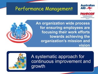 Performance Management
An organization wide process
for ensuring employees are
focusing their work efforts
towards achieving the
organization’s mission and
vision
A systematic approach for
continuous improvement and
growth
 