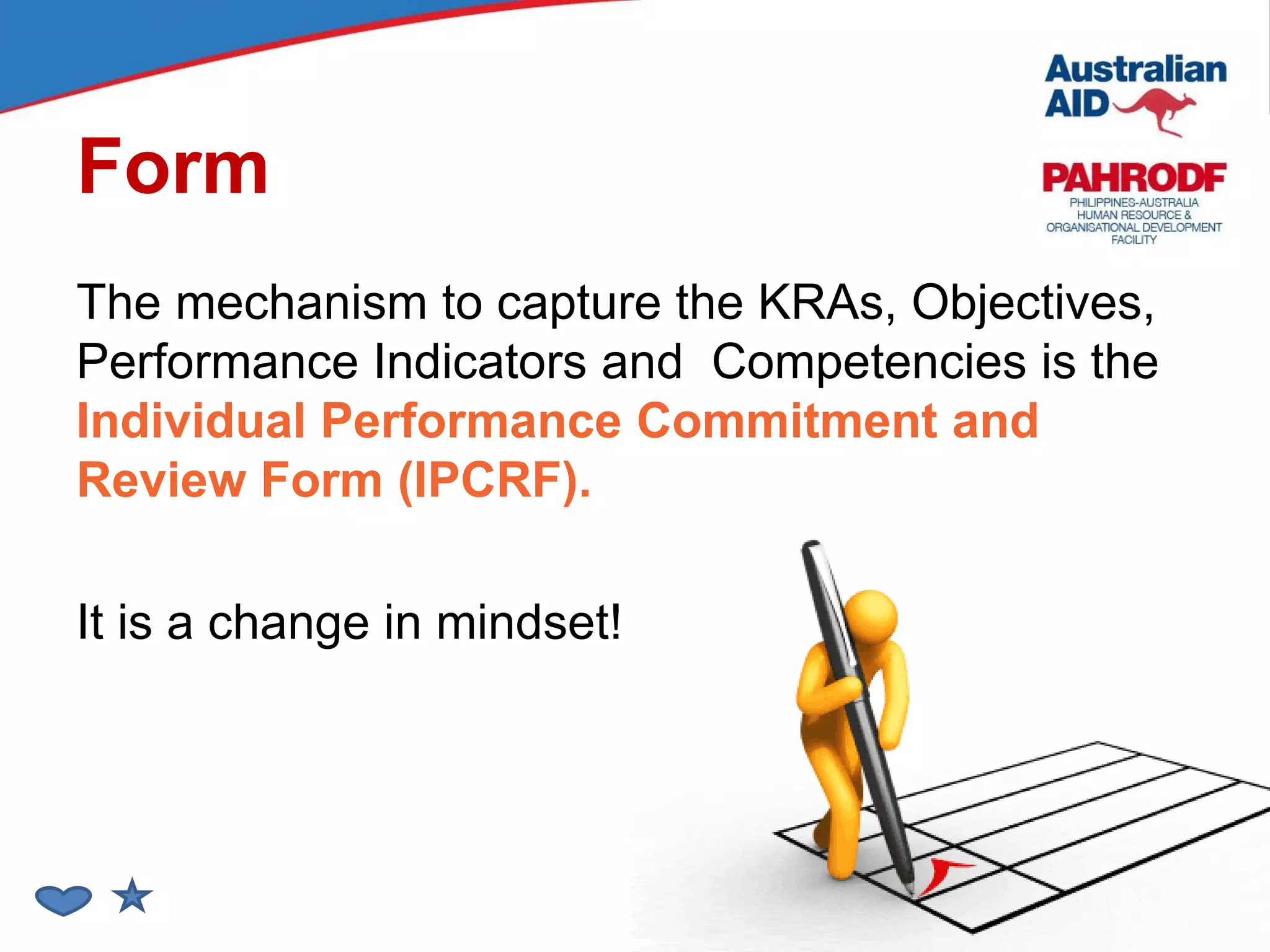 Form
The mechanism to capture the KRAs, Objectives,
Performance Indicators and Competencies is the
Individual Performance Commitment and
Review Form (IPCRF).
It is a change in mindset!
 