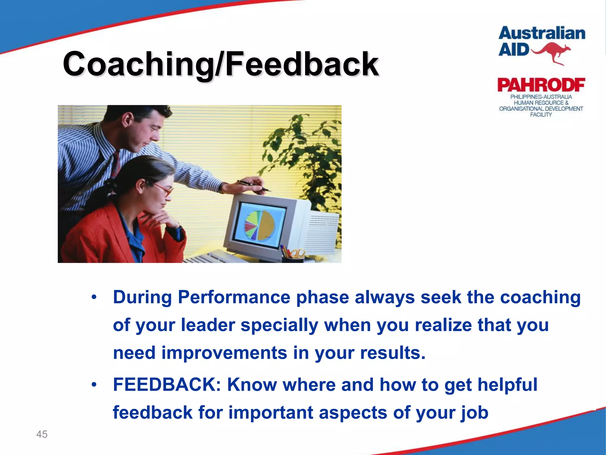 45
Coaching/Feedback
• During Performance phase always seek the coaching
of your leader specially when you realize that you
need improvements in your results.
• FEEDBACK: Know where and how to get helpful
feedback for important aspects of your job
 
