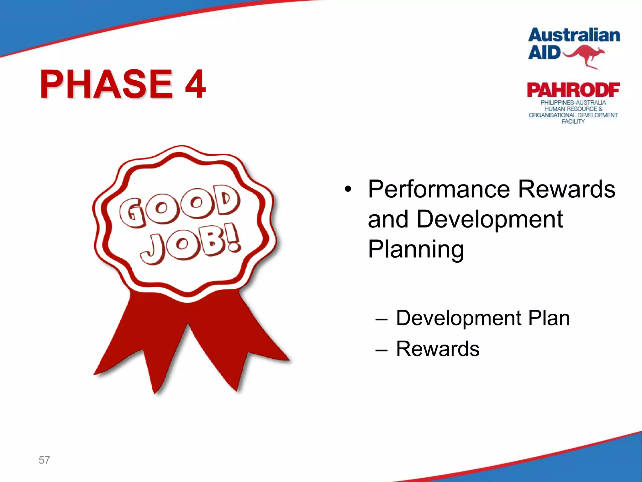 57
PHASE 4
• Performance Rewards
and Development
Planning
– Development Plan
– Rewards
 