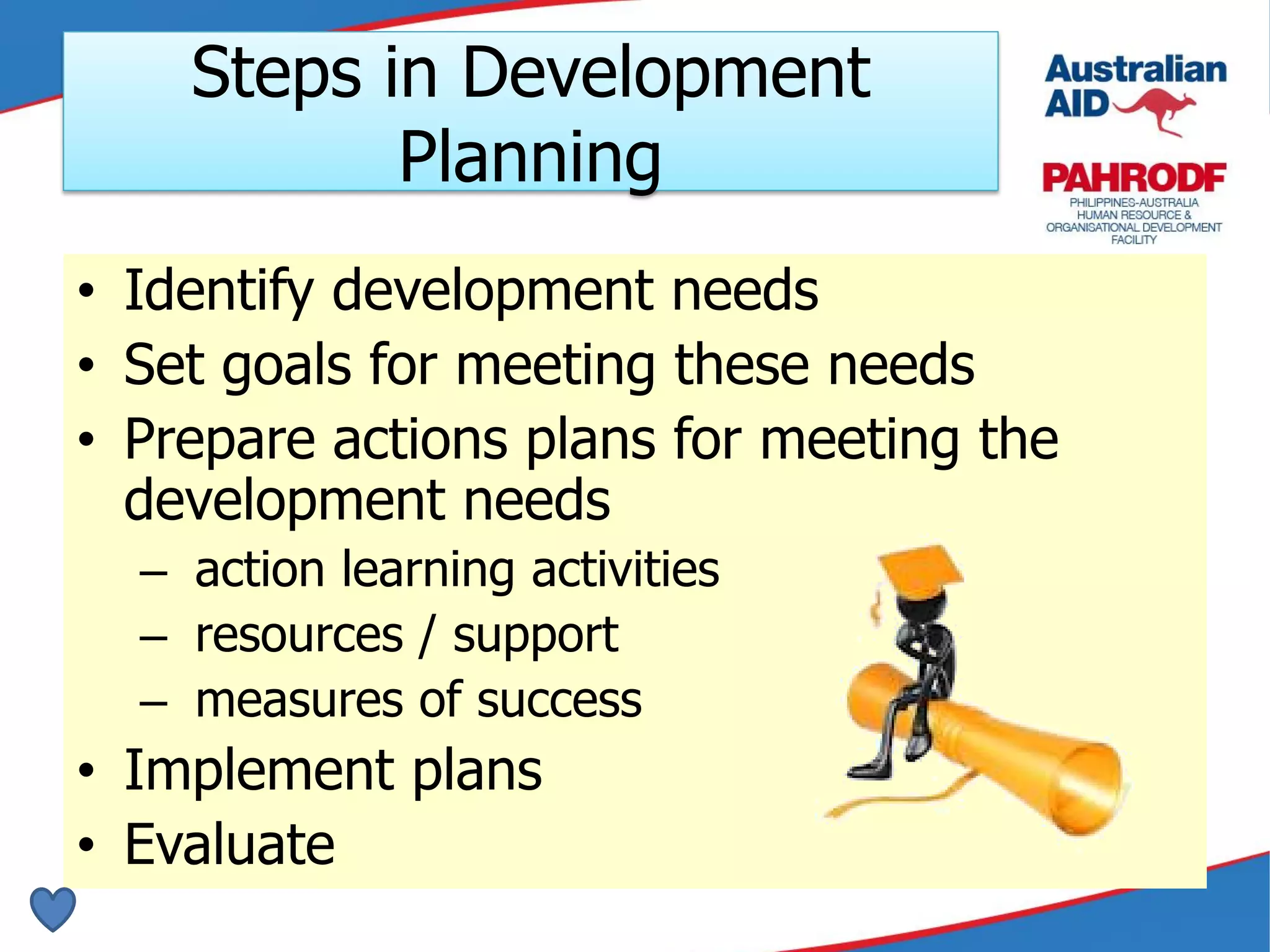 Steps in Development
Planning
• Identify development needs
• Set goals for meeting these needs
• Prepare actions plans for meeting the
development needs
– action learning activities
– resources / support
– measures of success
• Implement plans
• Evaluate
 