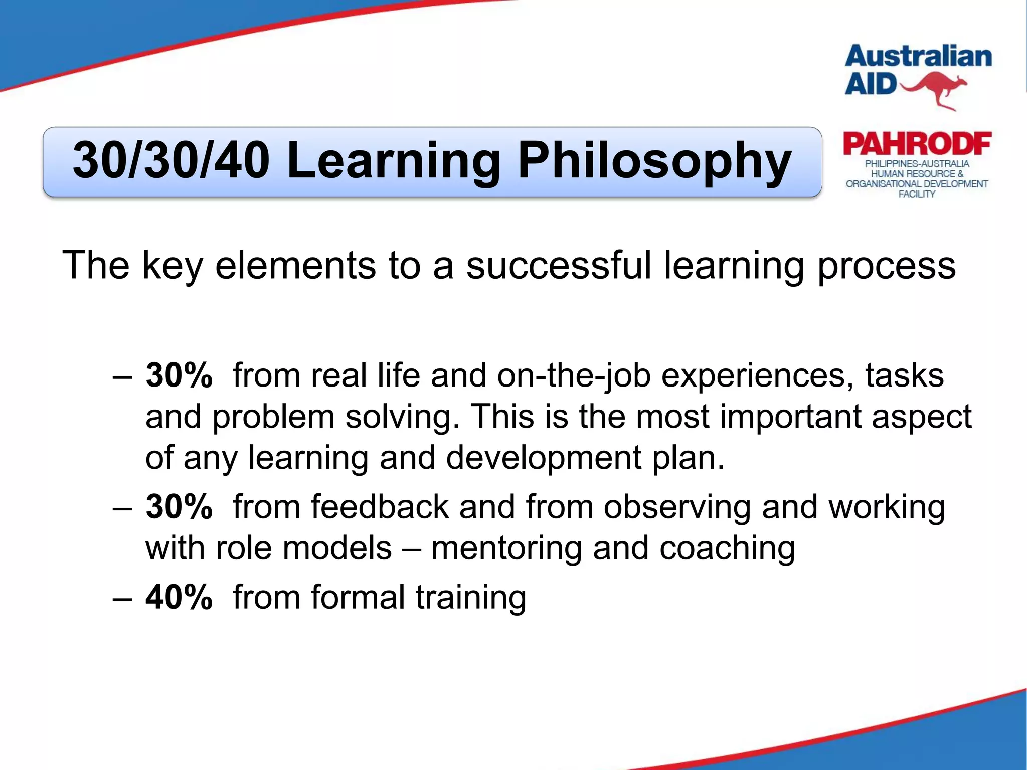 Development Principles
The key elements to a successful learning process
– 30% from real life and on-the-job experiences, tasks
and problem solving. This is the most important aspect
of any learning and development plan.
– 30% from feedback and from observing and working
with role models – mentoring and coaching
– 40% from formal training
30/30/40 Learning Philosophy
 