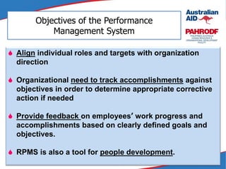  Align individual roles and targets with organization
direction
 Organizational need to track accomplishments against
objectives in order to determine appropriate corrective
action if needed
 Provide feedback on employees’ work progress and
accomplishments based on clearly defined goals and
objectives.
 RPMS is also a tool for people development.
Objectives of the Performance
Management System
 