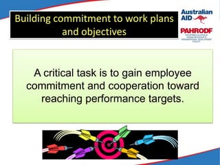 Building commitment to work plans
and objectives
A critical task is to gain employee
commitment and cooperation toward
reaching performance targets.
 