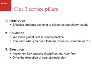 Our 3 service pillars 1.  Inspiration Effective strategic planning to deliver extraordinary results 2.  Education We teach global best business practice You learn what you need to learn, when you need to learn it 3.  Execution Implement key success disciplines into your firm Drive the execution of your strategic plan 