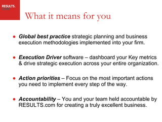 What it means for you Global best practice   strategic planning and business execution methodologies implemented into your firm.   Execution Driver  software – dashboard your Key metrics & drive strategic execution across your entire organization. Action priorities  –  Focus on the most important actions you need to implement every step of the way.   Accountability  – You and your team held accountable by RESULTS.com for creating a truly excellent business. 