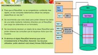 RECOMENDACIONES:
 Para que el ResultSet, no se congestione o entienda mas
rápido, en las consultas deberíamos utilizar los campos
específicos en vez del *.
 Se recomienda usar esta clase para poder obtener los datos
de una tabla mediante métodos ofrecidos por el ResultSet
que luego los obtendrás en un formulario.
 Se recomienda declarar un objeto de la clase ResultSet para
poder obtener las consultas que le hayamos dicho que nos
muestre.
 Si abrimos el objeto ResultSet tenemos que cerrar
inmediatamente el ResultSet, liberando los recursos
utilizados: public abstract void close() throws SQLException.
 
